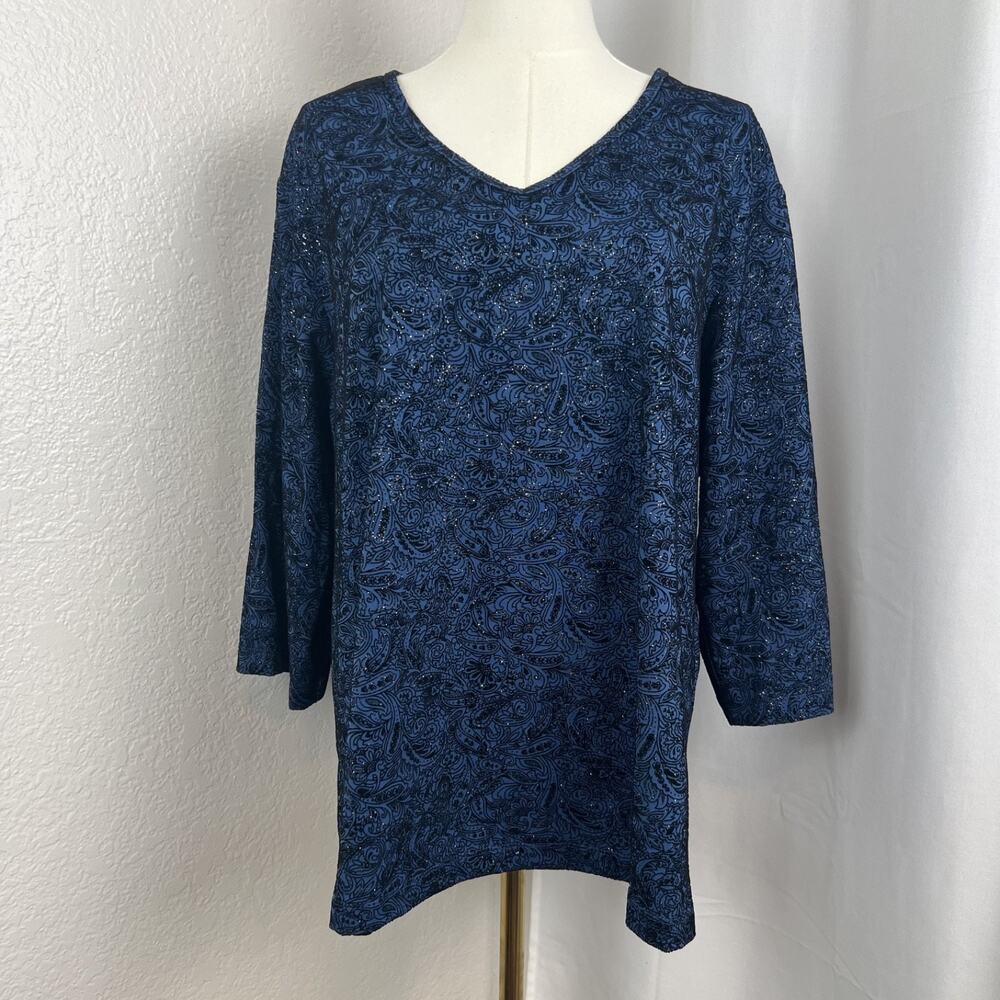 VTG Faded Glory Top Womens 22/24W Blue Paisley Glitter Fairy Whimsigoth Y2K